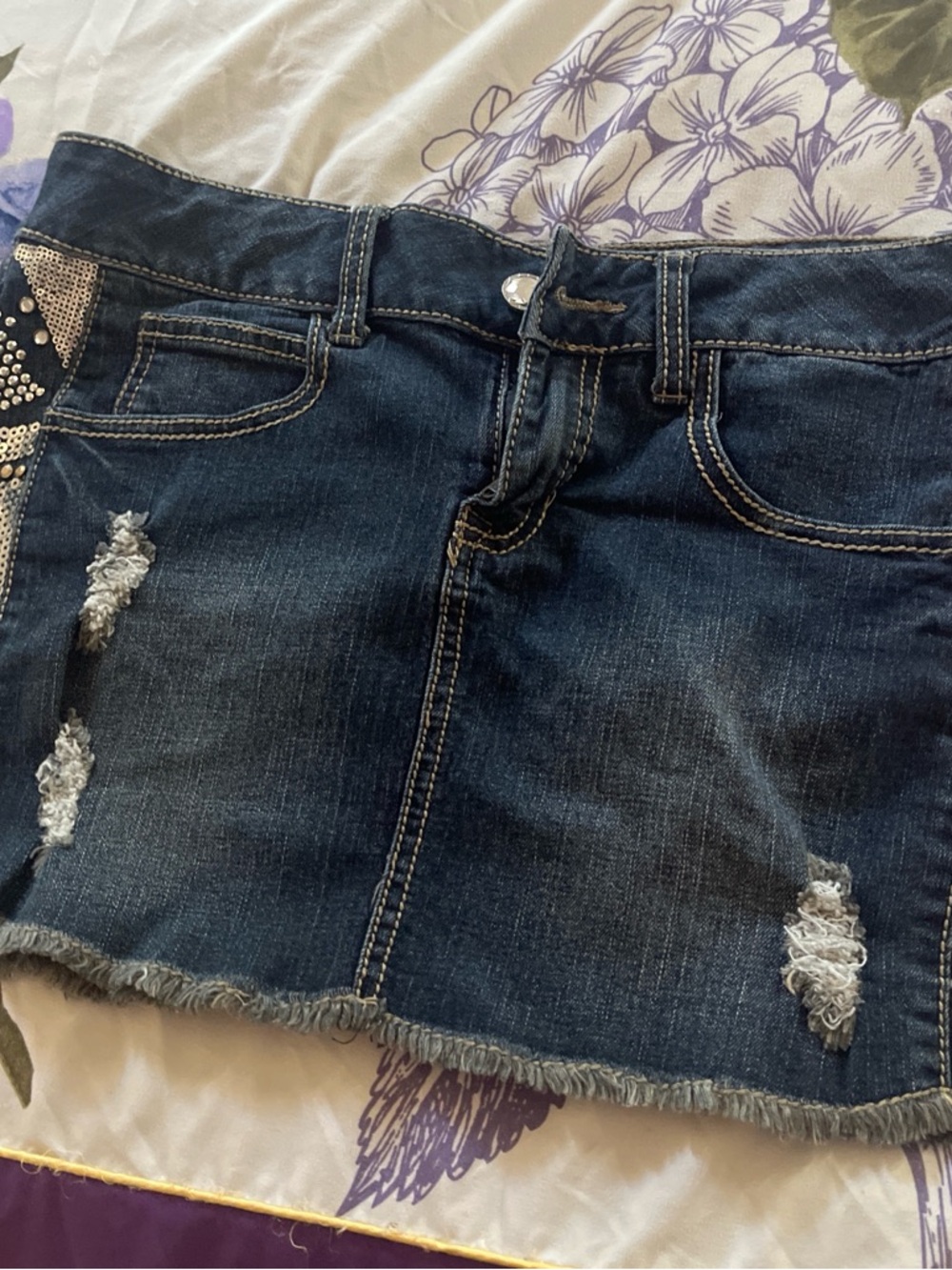 Distressed Dark Wash Denim Mini Skirt with Stud Detail